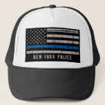 Personalised Thin Blue Line Police Trucker Hat<br><div class="desc">Thin Blue Line baseball hat - American flag in Police Flag colours, distressed design . Personalise with police department name, officer name, or family name. This personalised police hat is perfect for police and law enforcement families and all those who support them . COPYRIGHT © 2020 Judy Burrows, Black Dog...</div>