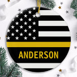 Personalised Thin Gold Line Flag 911 Dispatcher Ceramic Tree Decoration<br><div class="desc">Thin Gold Line Ornament for 911 dispatchers and police dispatchers. Personalise this dispatcher ornament with name and year. This personalised dispatcher gift is perfect for police dispatcher appreciation, 911 dispatcher thank you gifts, and dispatcher retirement gifts or party favours. Order these dispatchers christmas ornaments bulk wholesale for the police department...</div>