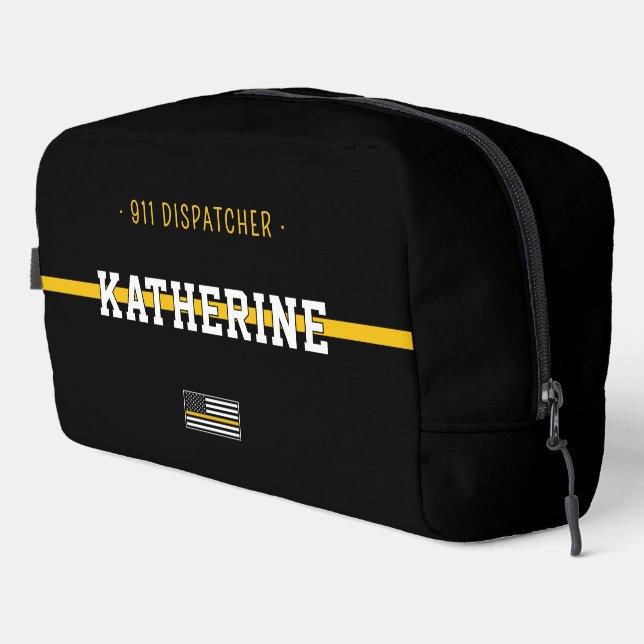 Personalised Thin Gold Line Flag 911 Dispatcher Dopp Kit (Right Corner)