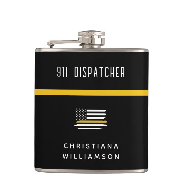 Personalised Thin Gold Line Flag 911 Dispatcher  Hip Flask (Front)