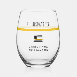 Personalised Thin Gold Line Flag 911 Dispatcher  Stemless Wine Glass