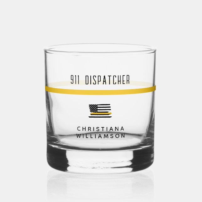 Personalised Thin Gold Line Flag 911 Dispatcher  Whiskey Glass (Front)