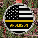 Personalised Thin Gold Line Flag US 911 Dispatcher Metal Tree Decoration<br><div class="desc">Thin Gold Line Ornament for 911 dispatchers and police dispatchers. Personalise this dispatcher ornament with name and year. This personalised dispatcher gift is perfect for police dispatcher appreciation, 911 dispatcher thank you gifts, and dispatcher retirement gifts or party favours. Order these dispatchers christmas ornaments bulk wholesale for the police department...</div>