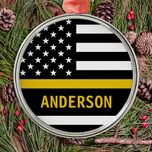Personalised Thin Gold Line Flag US 911 Dispatcher Metal Tree Decoration