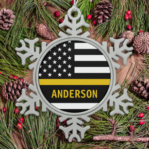 Personalised Thin Gold Line Flag US 911 Dispatcher Snowflake Pewter Christmas Ornament