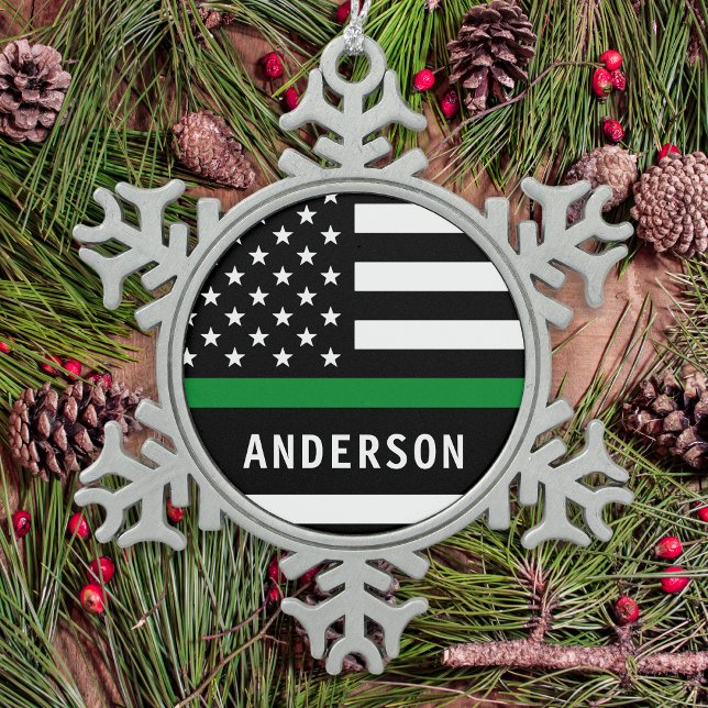 Personalised Thin Green Line A Military Christmas Snowflake Pewter Christmas Ornament (Creator Uploaded)