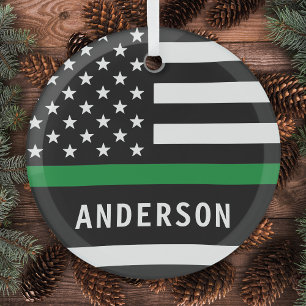 Personalised Thin Green Line Military Christmas Glass Tree Decoration