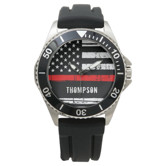 Personalised Thin Red Line Flag Firefighter Watch (Front)