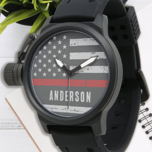 Personalised Thin Red Line Flag Firefighter Watch