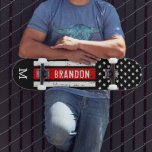 Personalised Thin Red Line Patriotic Firefighter Skateboard<br><div class="desc">Thin Red Line Skateboard - American flag in Firefighter Flag colours, distressed design . Personalise this firemen skateboard with monogram initial. This personalised fireman skateboard deck is perfect for firefighters, fireman, firefighter graduation and retirement gifts . COPYRIGHT © 2020 Judy Burrows, Black Dog Art - All Rights Reserved. Personalised Thin...</div>
