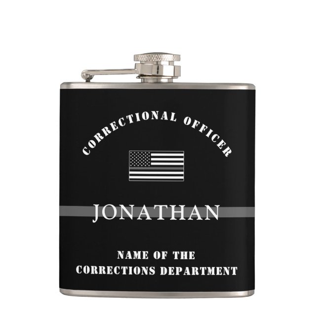 Personalised Thin Silver Line Corrections Officer Hip Flask (Front)