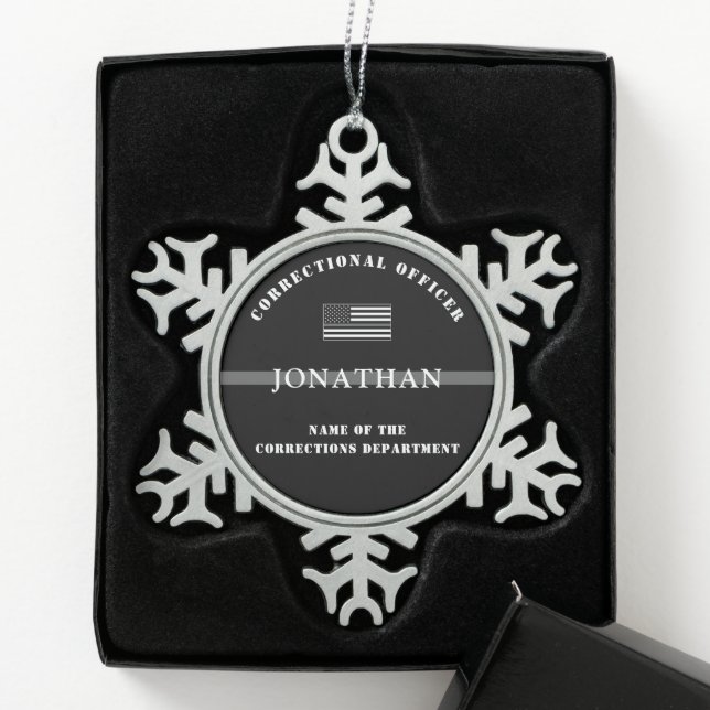 Personalised Thin Silver Line Corrections Officer Snowflake Pewter Christmas Ornament (Box)