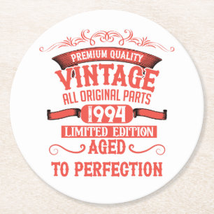 Personalised thirty vintage 30th birthday party round paper coaster
