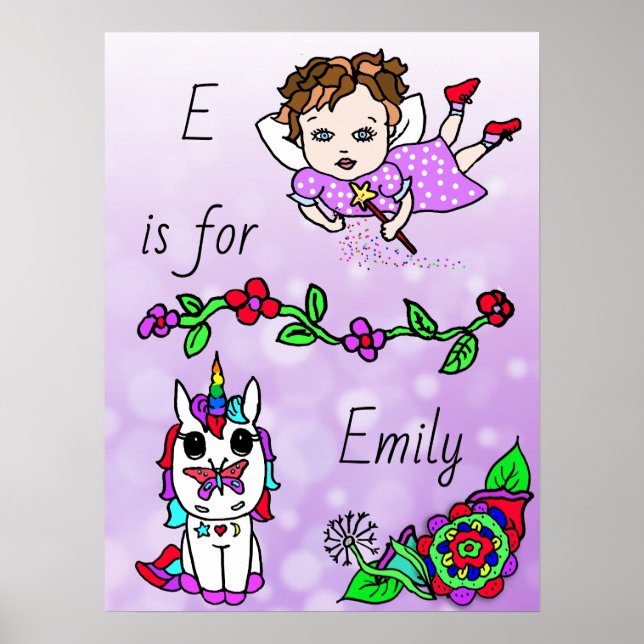 Personalised this Pretty Purple Fairy and Unicorn Poster (Front)