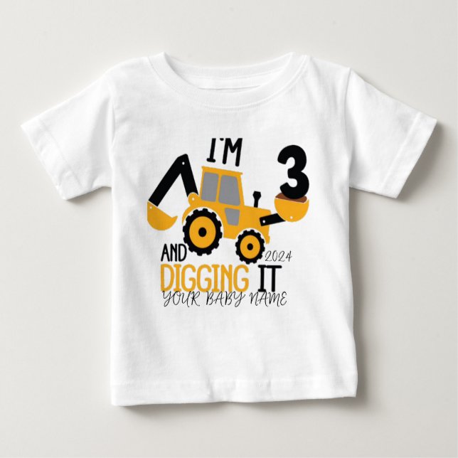    ﻿Personalised Three  3rd Birthday Construction  Baby T-Shirt (Front)