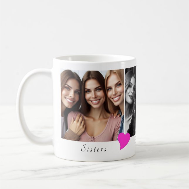 Personalised Three Photos, Hearts Sisters, Friends Coffee Mug (Left)