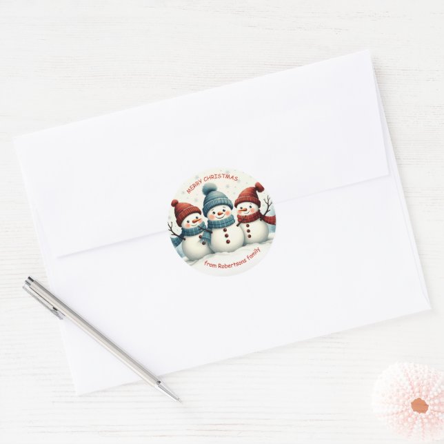 Personalised Three Snowmen Christmas Presents Classic Round Sticker (Envelope)