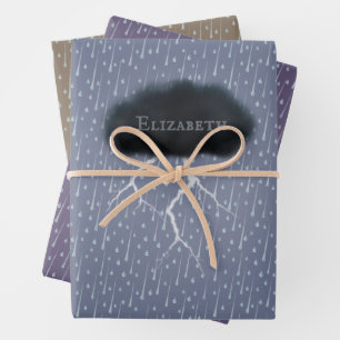 Personalised Thunder Cloud Rain & Lightning Stormy Wrapping Paper Sheet