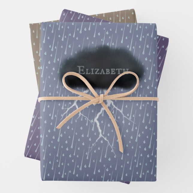 Personalised Thunder Cloud Rain & Lightning Stormy Wrapping Paper Sheet (In situ)