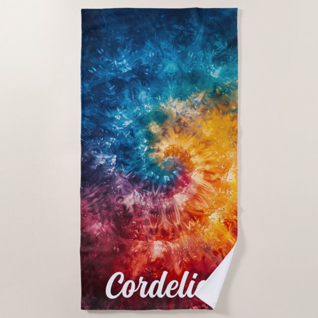 Personalised Tie Dye Beach Towel with Custom Name (Front)