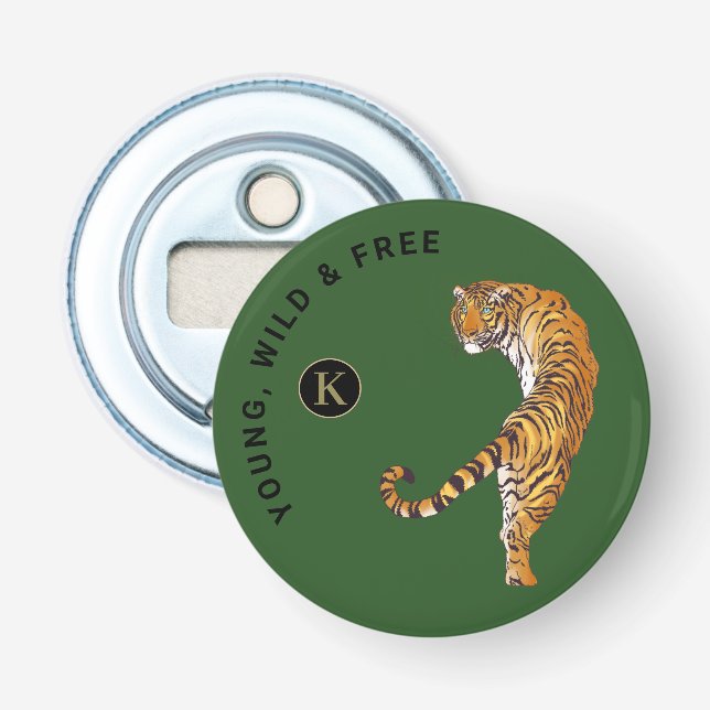 Personalised Tiger Monogram Green Background Bottle Opener (Front)