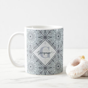Personalised Tiled Floral Harmony Grey Mandala Coffee Mug