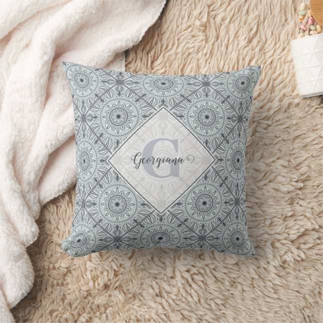Personalised Tiled Floral Harmony Grey Mandala Cushion (Blanket)