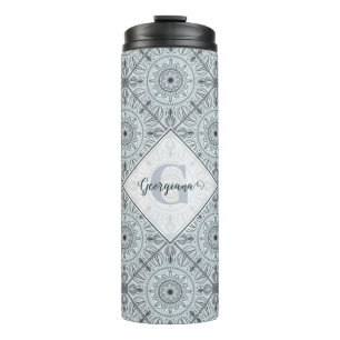 Personalised Tiled Floral Harmony Grey Mandala Thermal Tumbler