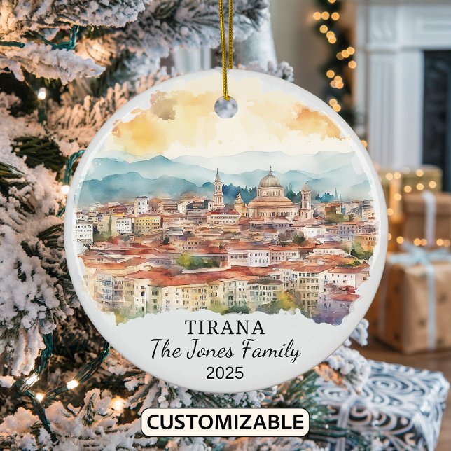 Personalised Tirana Ornament, Albania Gift Ceramic Tree Decoration (Creator Uploaded)