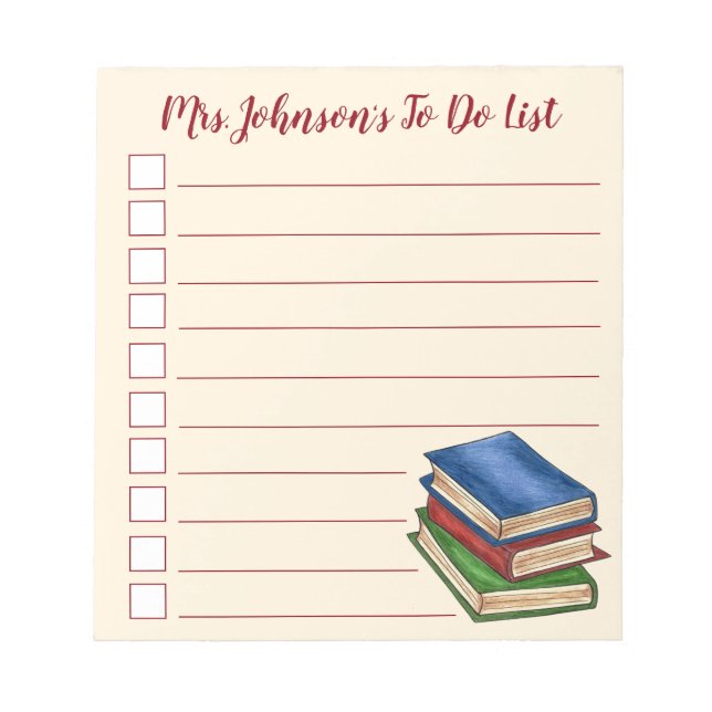 Personalised To Do List Library Books Teacher Notepad (Front)