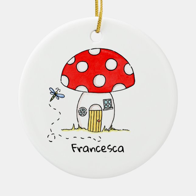 Personalised Toadstool & Dragonfly Newborn Ceramic Tree Decoration (Front)