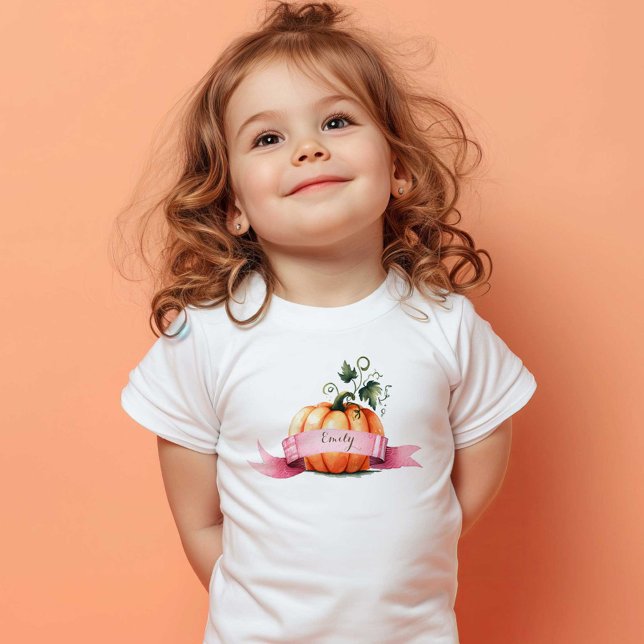 Personalised Toddler T-Shirt Pink Orange Pumpkin (Pumpkin t-shirt for kids personalized with your child's name by VG Invites)