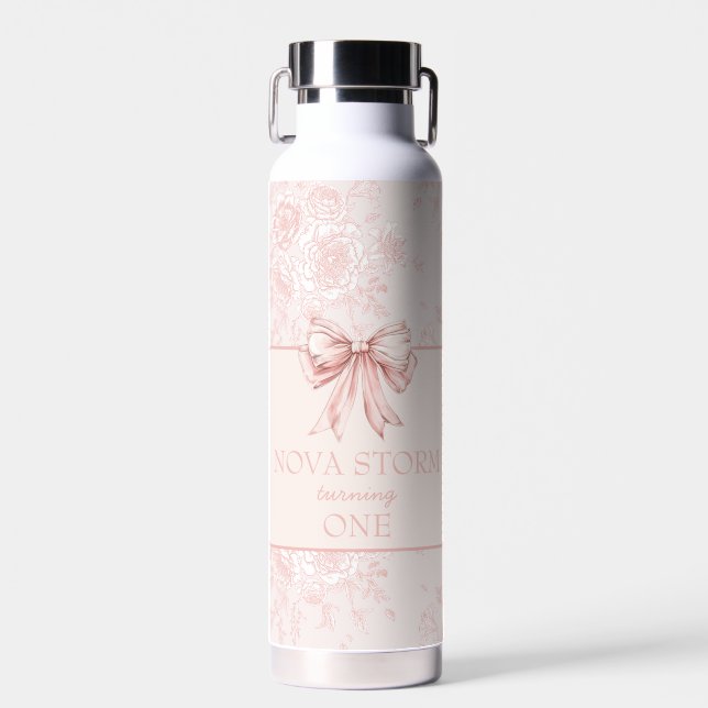 Personalised Toile Blush Pink Coquette Birthday Water Bottle (Front)