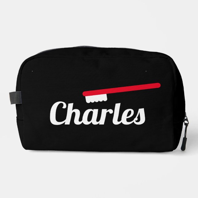 Personalised toiletry bag with red toothbrush logo (Front)
