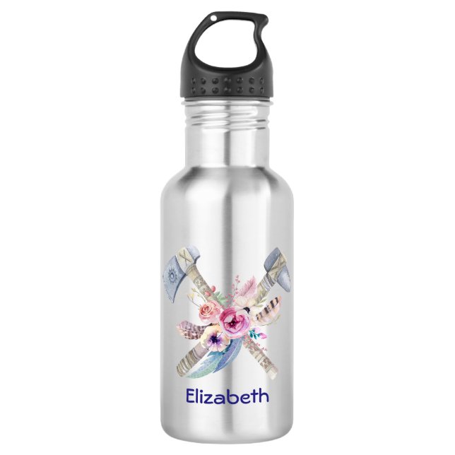 Personalised Tomahawk Feathers and Flowers 532 Ml Water Bottle (Front)