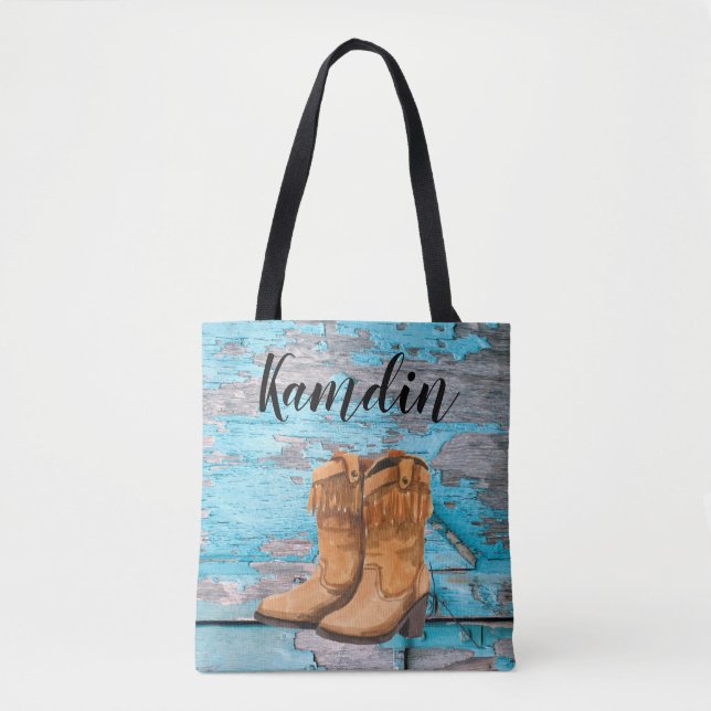 Personalised Tote Bag Blue Wood Barn Door Boots Co (Front)