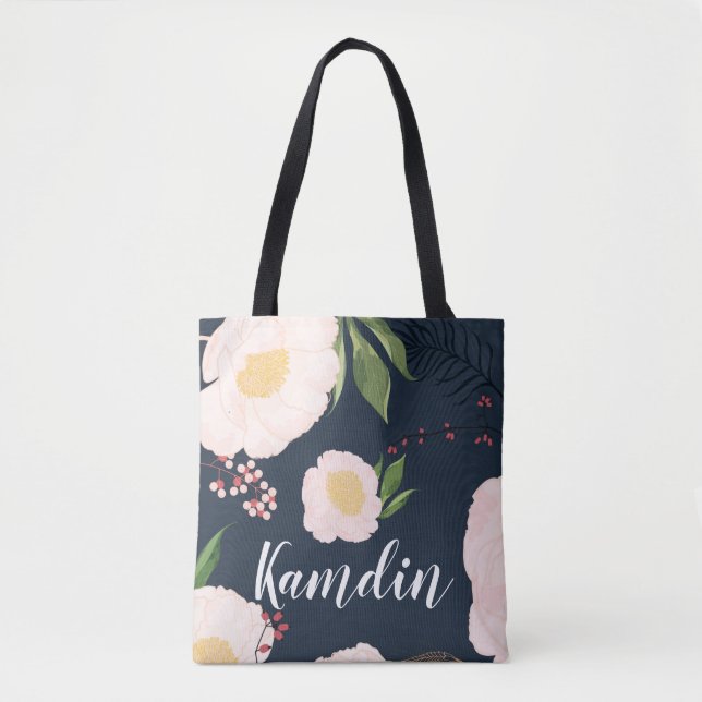 Personalised Tote Bag White Floral Flowers on Dark (Front)