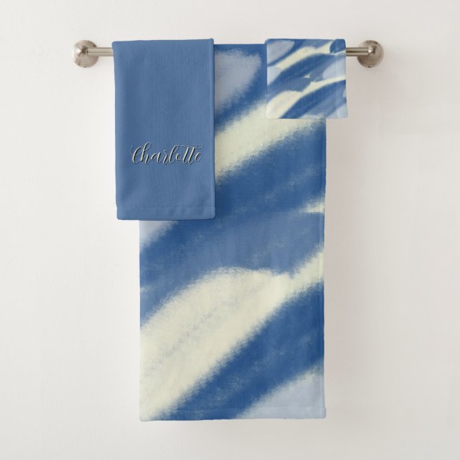 Personalised Towel Set Blue White Abstract Art  (Insitu)