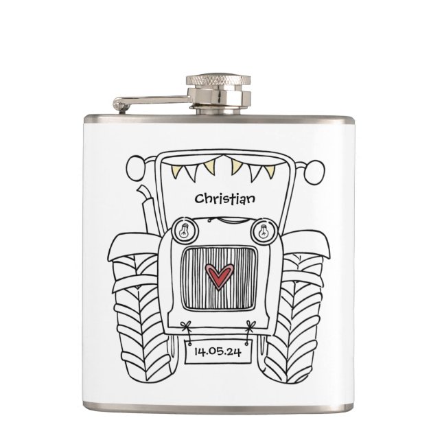 Personalised Tractor Country Wedding Gift Hip Flask (Front)
