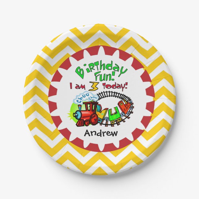 Personalised Train 3rd Birthday Paper Plates (Front)