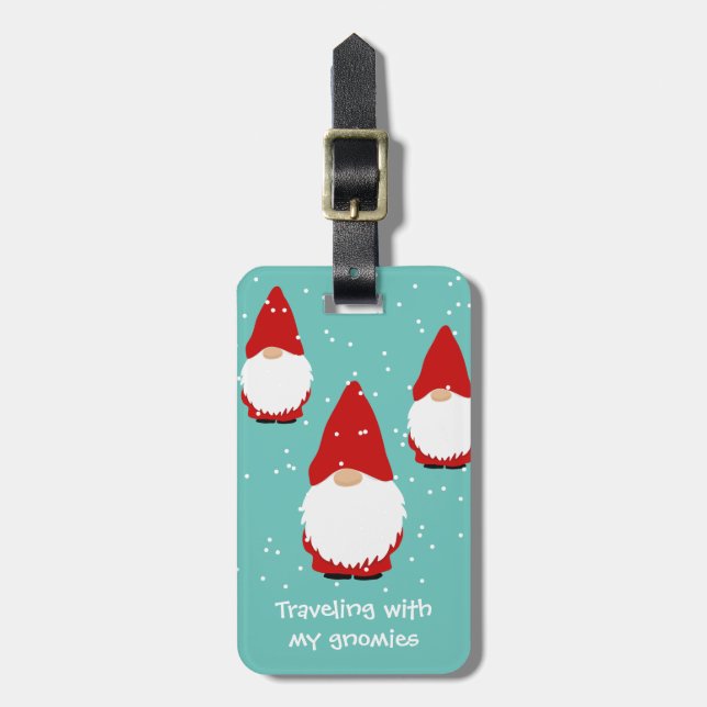 Personalised travel luggage tag with funny gnomes (Front Vertical)