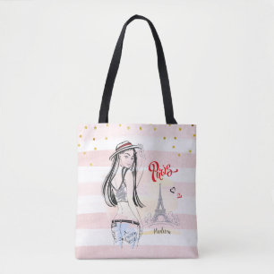 Personalised Travel Paris Pink Stripes Sketch   Tote Bag