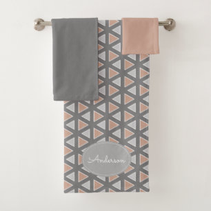 Personalised Trendy Grey & Tan Geometric Pattern Bath Towel Set