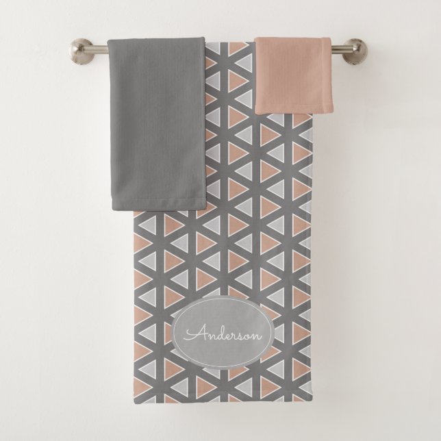 Personalised Trendy Grey & Tan Geometric Pattern Bath Towel Set (Insitu)
