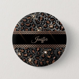 Personalised Trendy Leopard Black Gold Glitter     6 Cm Round Badge