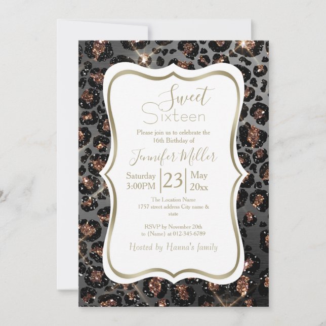 Personalised Trendy Leopard Black Gold Glitter     Invitation (Front)
