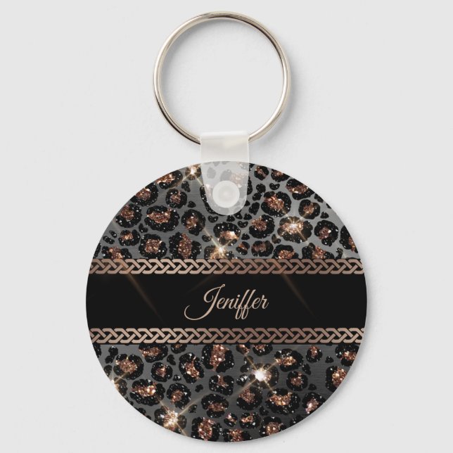 Personalised Trendy Leopard Black Gold Glitter     Key Ring (Front)