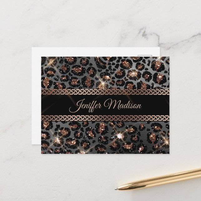 Personalised Trendy Leopard Black Gold Glitter     Postcard (Front/Back In Situ)