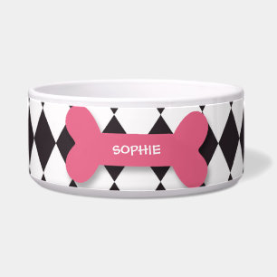 Personalised trendy pink dog bone pet food bowl