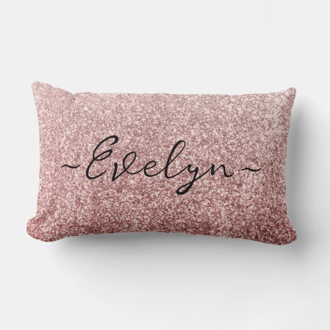 Personalised trendy rose gold glitter lumbar cushion (Front)